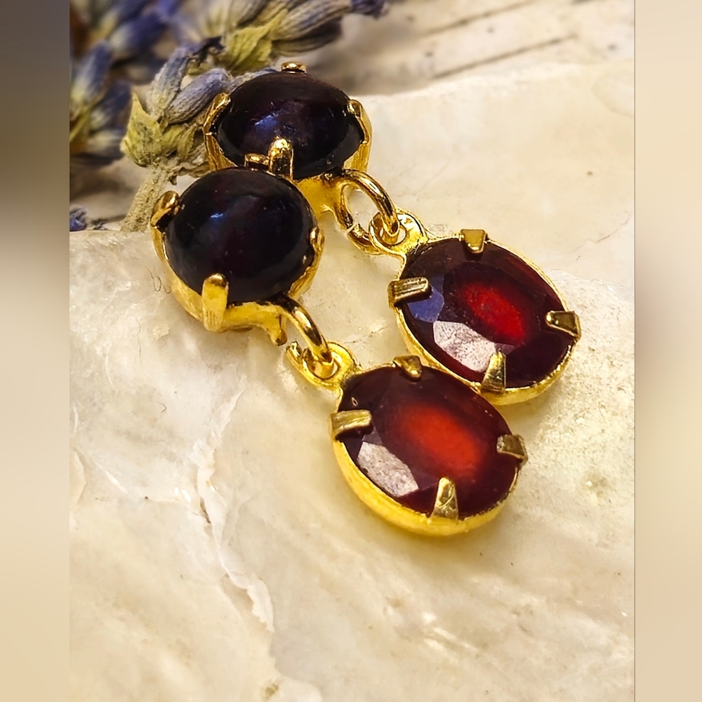 Genuine 11.04 Carats Garnet In Two Setting 18K Gold Plated Earrings